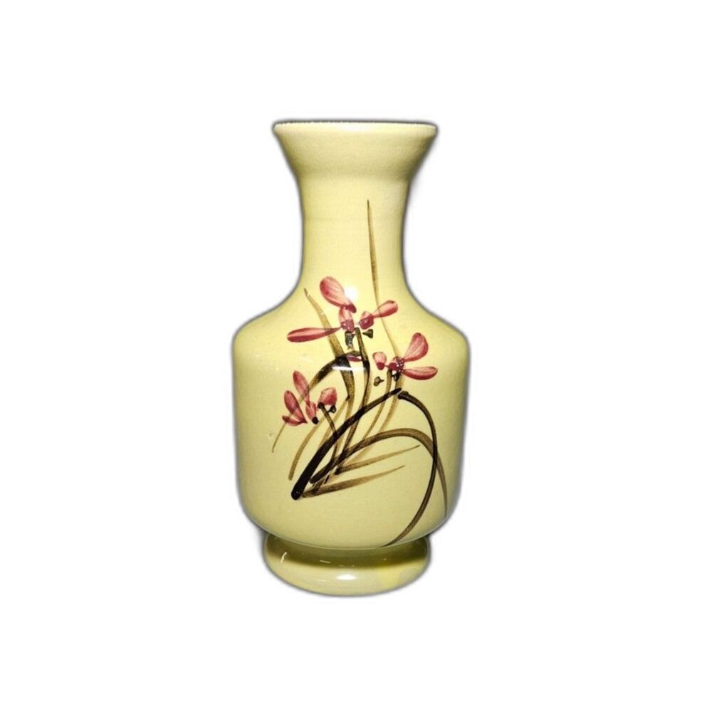 Vintage Yellow Ceramic Bud Vase Hand Painted Floral Orchid 6” Asian Style